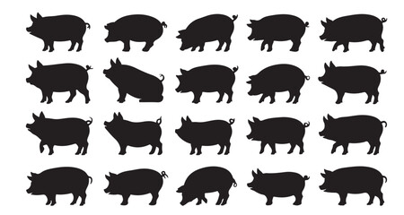 Fototapeta premium Silhouette Collection of Pigs Various Poses Vector Illustration Farm Animals Mammals Livestock Imagery Swine Characters Piglets Farmhouse Decor Animal Graphics