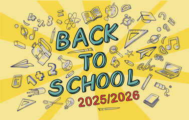 Back to school banner with yellow background. Vector illustration