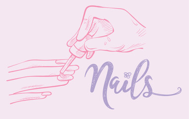 Manicured Female Hands And Applying Nail Polish On Fingernails, doodle style. vector illustration