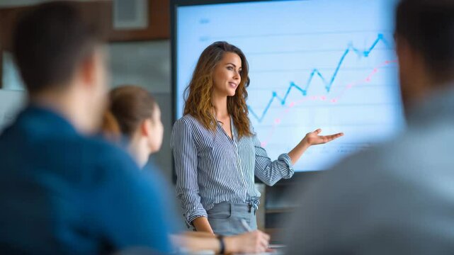 businesswoman giving a presentation on financial growth to colleagues, large screen behind her showing upward trending graphs