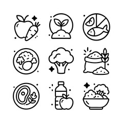 Collection of line art icons representing healthy food choices: fruits, vegetables, fish, meat, and grains.