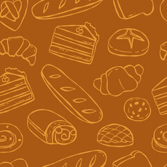 Seamless bakery pattern with various hand drawn breads and pastries including croissants, pretzels, cinnamon rolls, cookies, and cake slices. Perfect for food packaging, bakery branding, or cute kitch