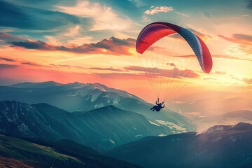 Detailed Image of Beautiful Paragliding Over Mountains at Sunset, Adventure Sports Banner