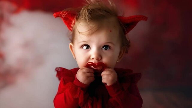Baby girl red devil costume with horns holding heart shaped object cute expression smoky background playful Halloween celebration adorable charm