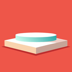 Minimalist geometric stage with two levels in pastel colors on red background