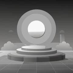 Futuristic circular portal stage with geometric clouds and grid floor
