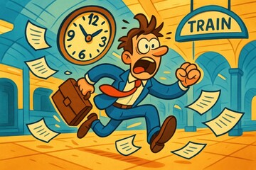 Cartoon businessman with disheveled hair, surprised face, rushing through train station, clutching briefcase, scattered papers, large clock in background