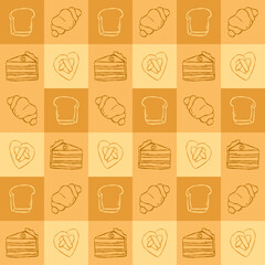 Seamless bakery pattern with various hand drawn breads and pastries including croissants, pretzels, cinnamon rolls, cookies, and cake slices. Perfect for food packaging, bakery branding, or cute kitch