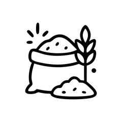 Simple illustration of a filled sack, grain, and a wheat stalk.