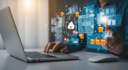 Person interacting with holographic interface displaying work files and data analytics