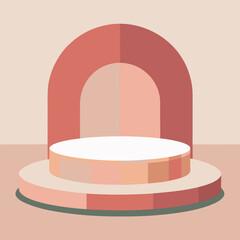 Minimalist geometric stage podium with arched backdrop in warm pastel colors