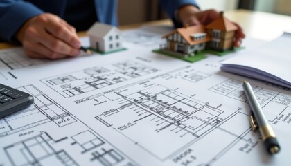 Architectural design and planning with house models. A detailed look at the blueprints, accompanied by small-scale model houses, a pen and calculator