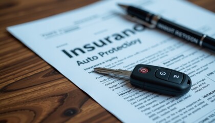 Auto insurance contract with a car key and a pen on a wooden surface. The contract is an important document.