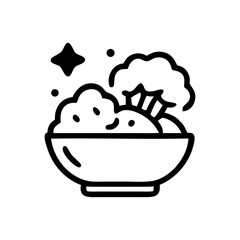 A simple black and white illustration of a bowl filled with fresh food.