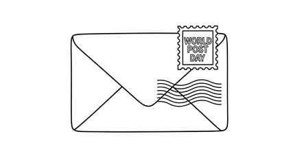 Simple outline drawing of an envelope with a postage stamp for world post day isolated on transparent background