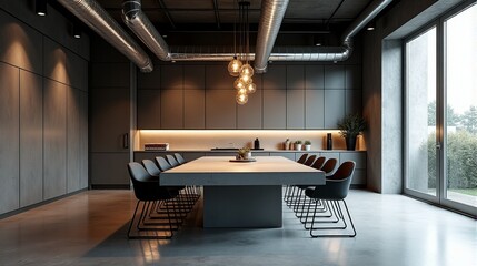 Striking Modern Industrial Dining Room with Polished Concrete Table Sleek Metal Chairs and Exposed Ductwork