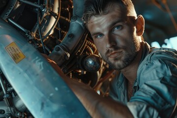 Male Model Portraying Vintage Airplane Mechanic with Engineering Nostalgia