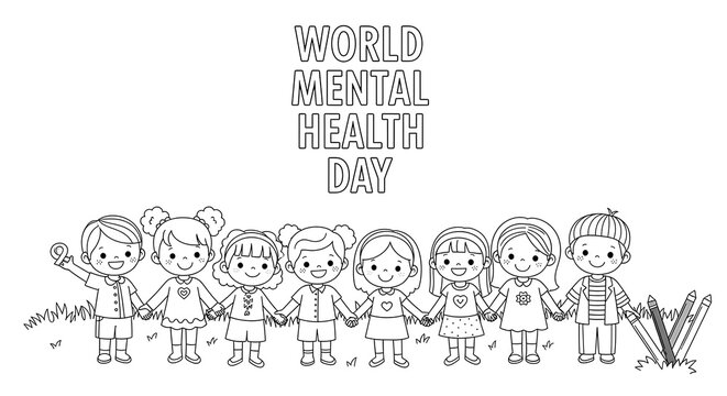 World mental health day cheerful children holding hands together isolated on transparent background