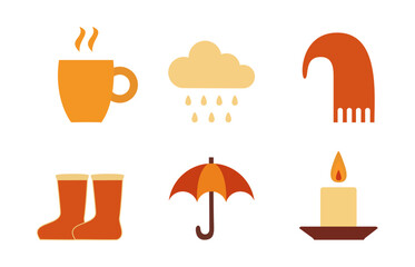 Set of 6 autumn vector icons. Cup, cloud, scarf, boots, umbrella, candle.