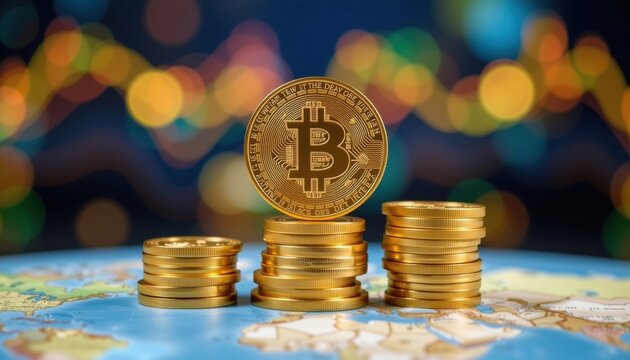 Bitcoin cryptocurrency coin on stacks of gold coins on a world map background
