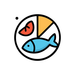 A stylized illustration depicts a plate with a fish, tomato, and yellow food segment.