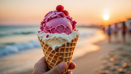 A hand holds an ice cream cone on the beach