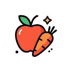 An illustration of a red apple with a green leaf next to an orange carrot and a small star.