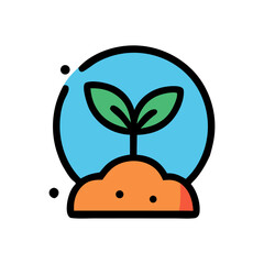 A stylized illustration of a sprouting plant emerging from the soil.