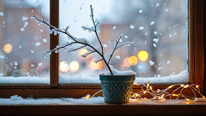 Frosted branches in pot with holiday lights isolated on a transparent background