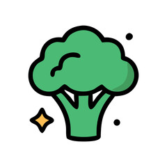 Stylized illustration of a broccoli head with a black outline, green fill, and a small star shape.