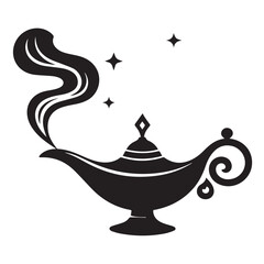 Stylized black silhouette of a magical genie lamp emitting swirling smoke and sparkling stars against a white background