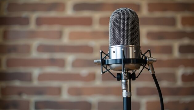 A studio microphone in front of a textured brick wall. The microphone is positioned to capture sound