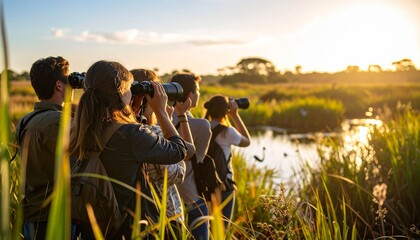 Group of observers exploring natural habitats using binoculars