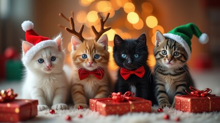 scene featuring four adorable kittens dressed in holiday attire.