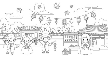 Children in korean hanbok celebrating with lanterns and traditional decorations isolated on transparent background