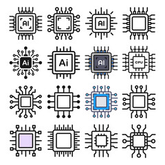 Computer cpu icon set. AI cpu set. Electronic cpu with AI. Artificial intelligence icon. Vector