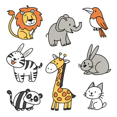 Obraz premium Collection of cute cartoon safari animals including lion elephant giraffe panda rabbit bird and cat