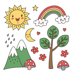 Cute kawaii style nature elements including a smiling sun rainbow moon mountains tree flowers and mushrooms