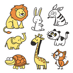 Obraz premium Collection of cute cartoon animals including a lion elephant giraffe rabbit panda turtle and cat
