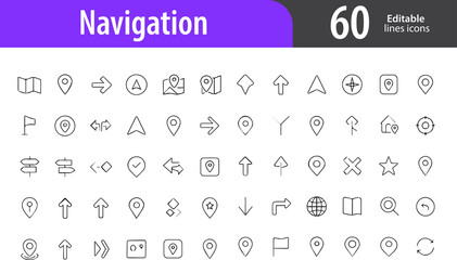 Navigation Line Icons, Compass, Location Pin, Map Route, GPS Arrow, Destination Marker, Editable Formats: AI, EPS, PNG, JPG, Ideal for Both Digital and Print Use
