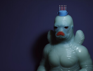 Surreal monster figurine blue cake candles dark background quirky art alternative greeting card weird gift concept offbeat birthday moody creative editorial fantasy creature pop culture