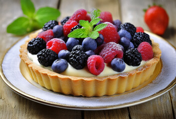 A delicious fruit tart topped with fresh raspberries, blueberries, and blackberries on creamy custard, garnished with mint leaves.