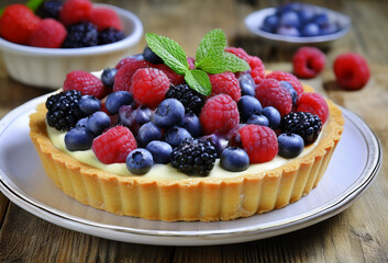 A delicious fruit tart topped with fresh raspberries, blueberries, and blackberries on creamy custard, garnished with mint leaves.