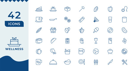 Wellness Line Icons set. Thin line modern style of health related icons Burger sandwich pizza hot dog cola coffee sweets, and more.
