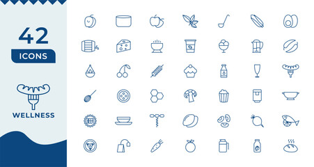 Wellness Line Icons set. Thin line modern style of health related icons Burger sandwich pizza hot dog cola coffee sweets, and more.