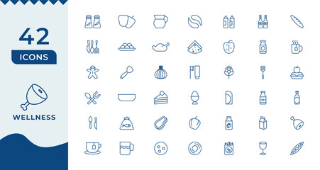 Wellness Line Icons set. Thin line modern style of health related icons Burger sandwich pizza hot dog cola coffee sweets, and more.
