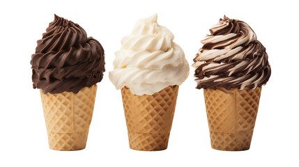 Delicious assortment of chocolate, vanilla and swirl ice cream cones  isolated on transparent background