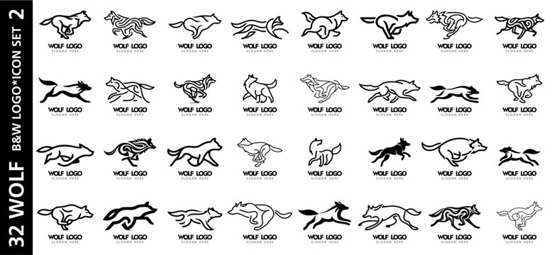 Collection of 32 black and white vector wolf logos with stylized running silhouettes. Perfect for branding, sports emblems, and dynamic design concepts.