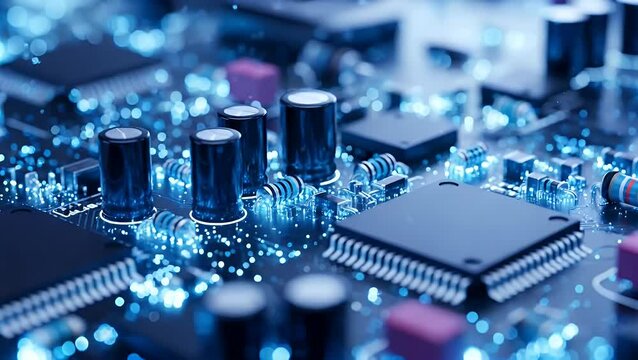Closeup view of a blue illuminated circuit board with chips and capacitors