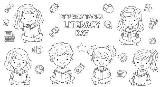 Children reading books celebrating international literacy day isolated on transparent background